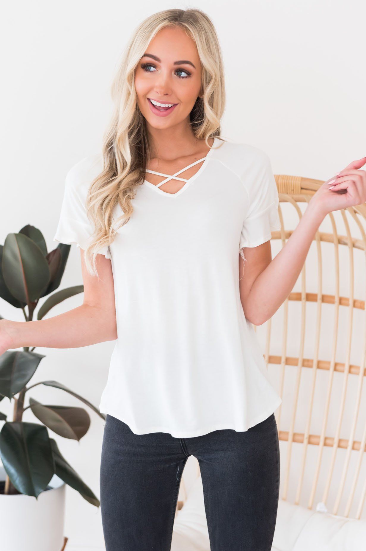 Criss Cross Flutter Sleeve Top Tops vendor-unknown 