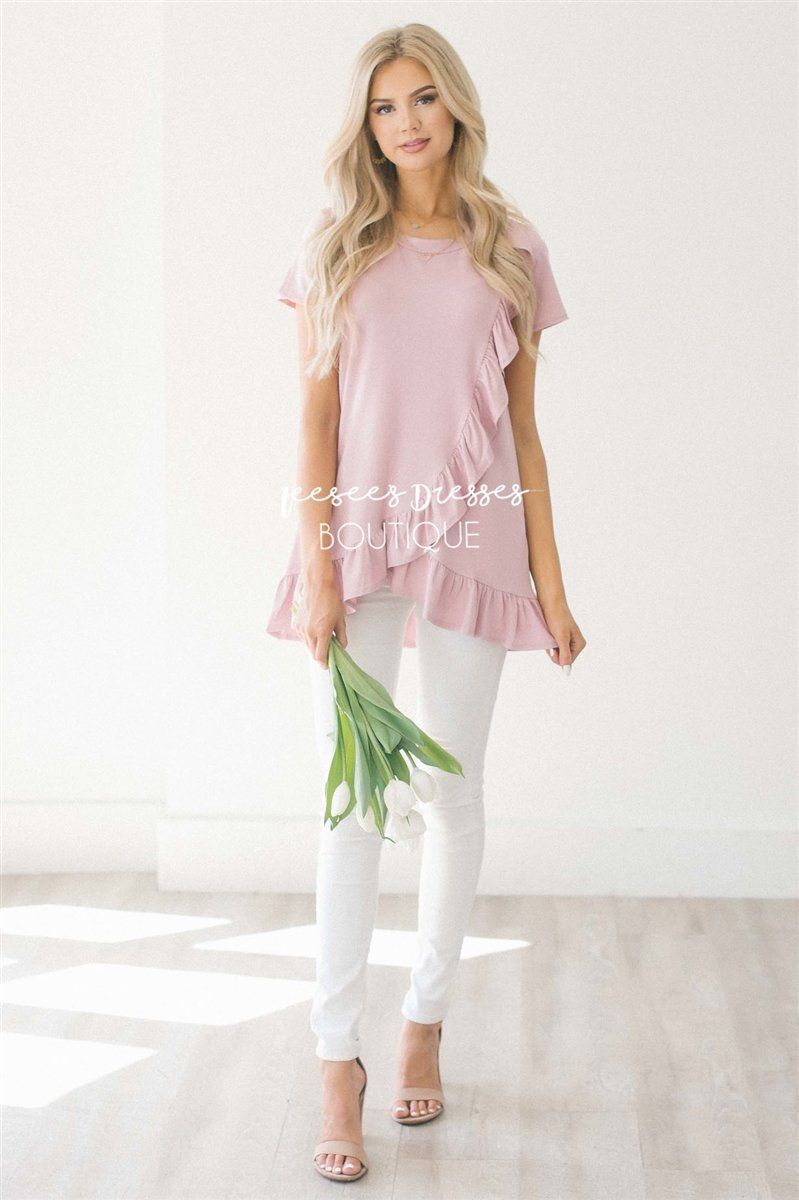 Asymmetric Ruffle Hem Tunic Tops vendor-unknown 