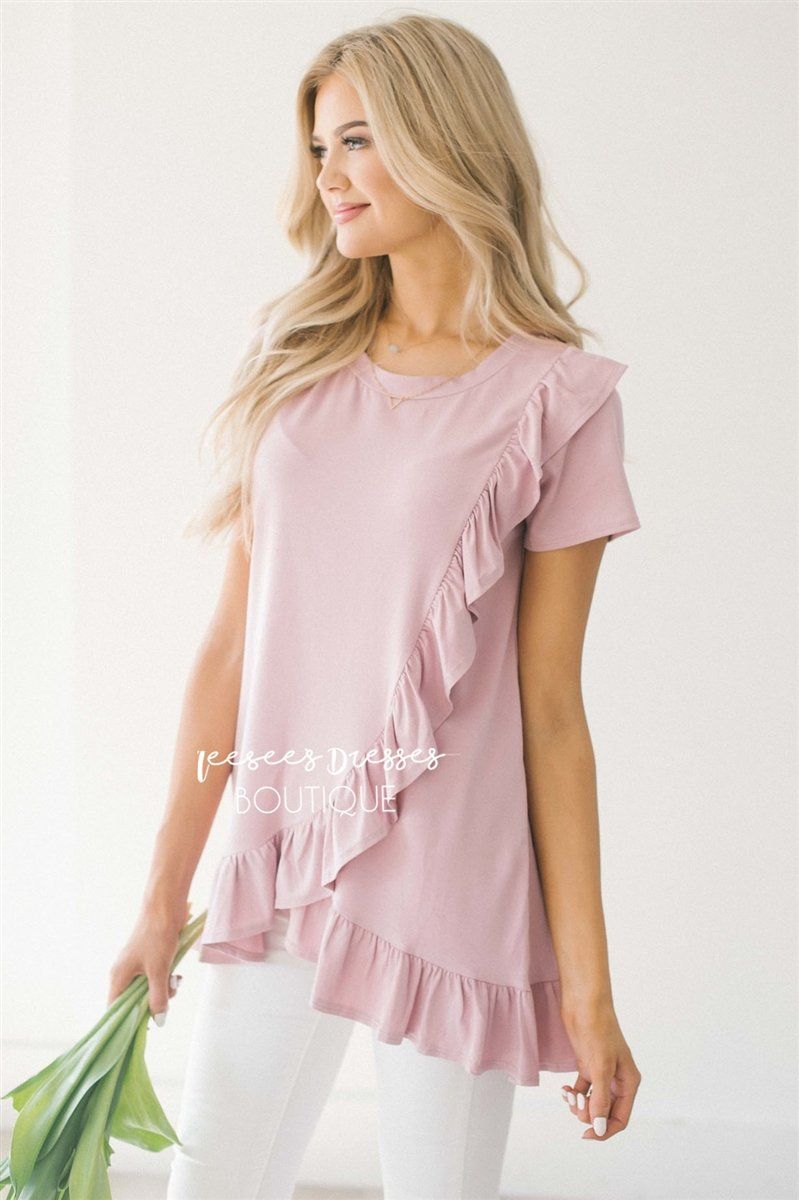 Asymmetric Ruffle Hem Tunic Tops vendor-unknown S Dusty Pink 