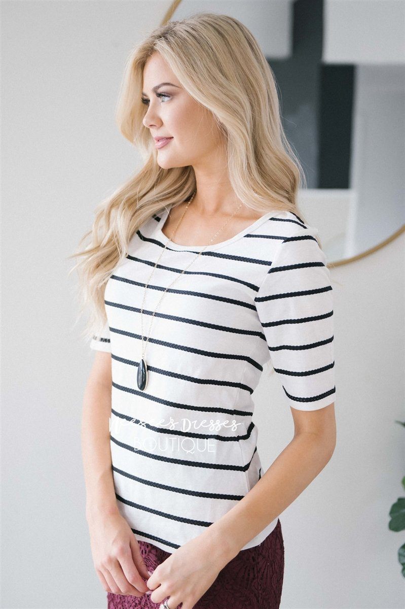 White Striped Scoop Neck Top Tops vendor-unknown White and Black XS 