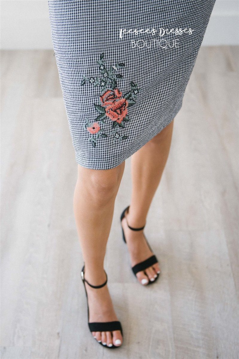 Gingham Floral Embroidered Pencil Skirt Skirts vendor-unknown 