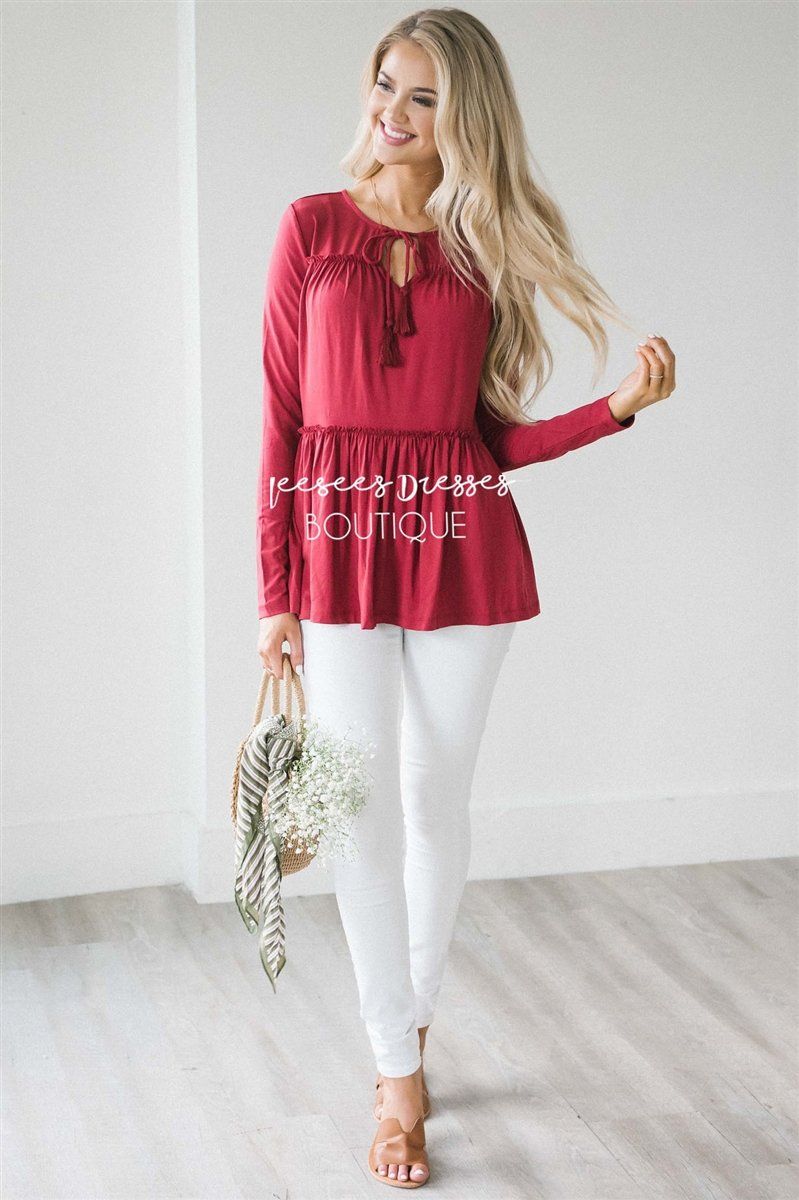 Ruffle Tiered Neck Tie Long Sleeve Top Tops vendor-unknown Cardinal Red S 