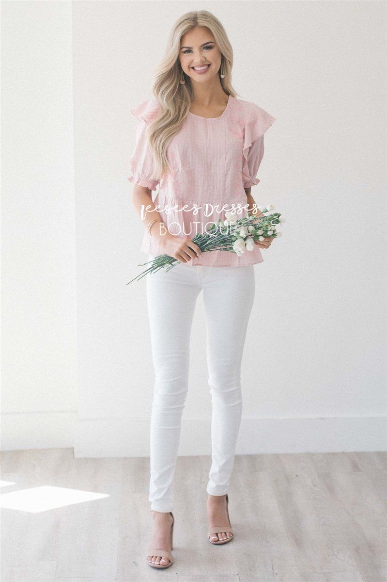 Embroidered Peplum Ruffle Sleeve Top Tops vendor-unknown 