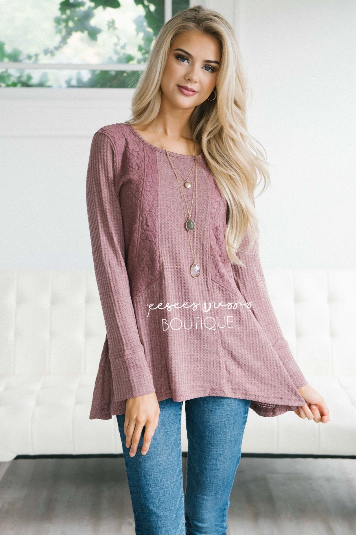 Dark Rose Mauve Thermal Lace Insert Top Tops vendor-unknown 