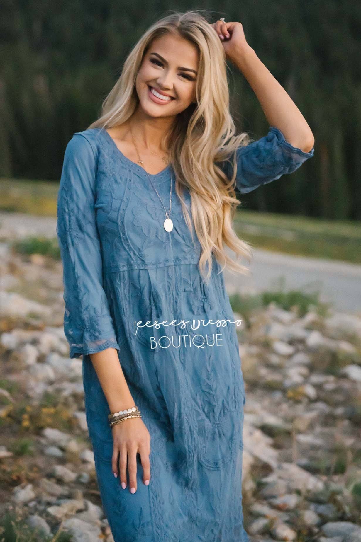 Day Dreamer Lace Dress in Cornflower Blue Modest Dresses vendor-unknown 