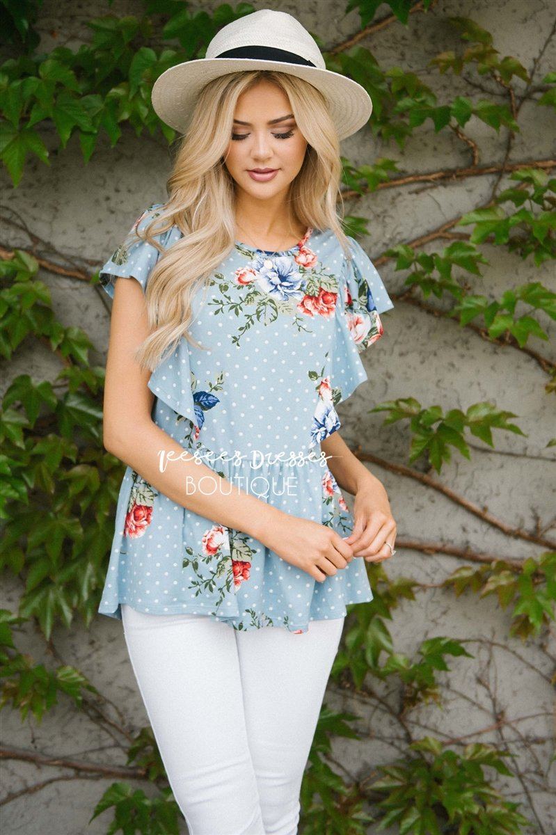 Polka Dot Floral Peplum Ruffle Top Tops vendor-unknown 
