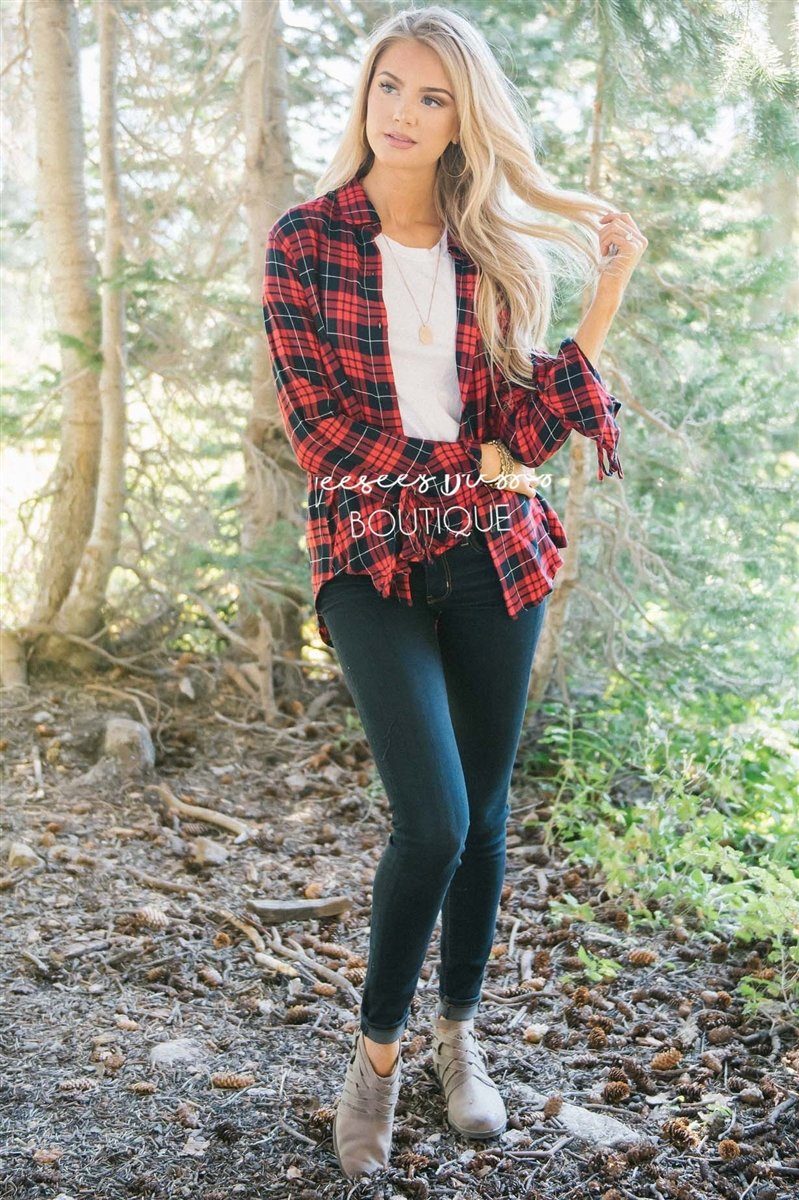 Plaid Button Down Tie Sleeve Top Tops vendor-unknown Red Plaid S 