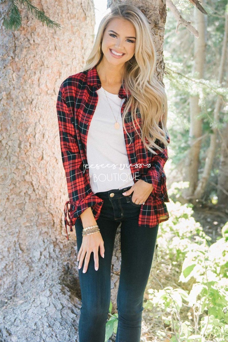 Plaid Button Down Tie Sleeve Top Tops vendor-unknown Red Plaid S 