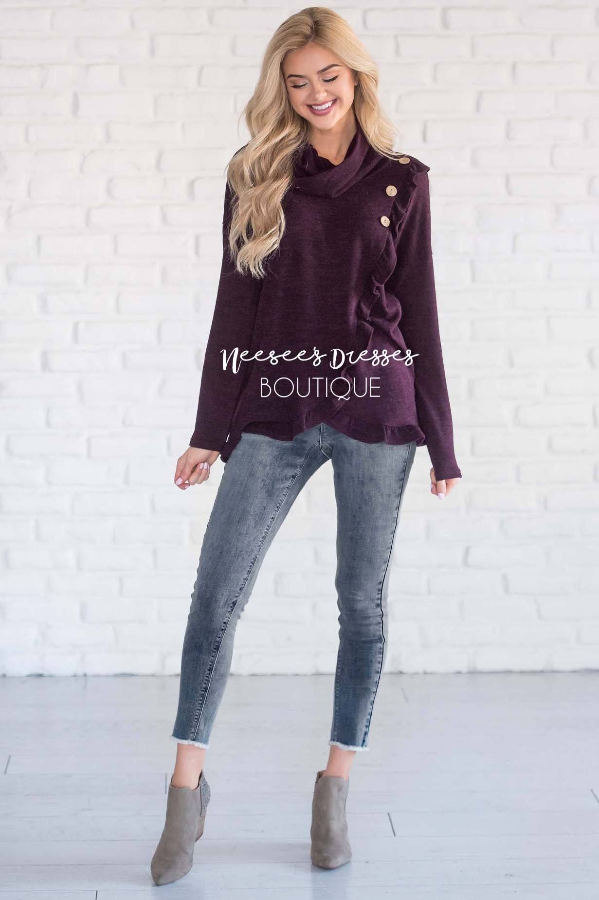 Cowl Neck Ruffle Front Sweater Tops vendor-unknown 