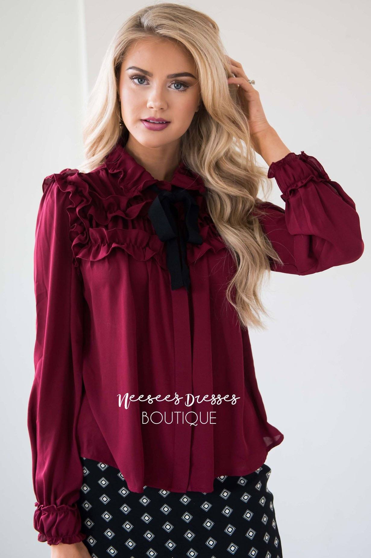 Button Down Ruffle Yoke Tie Detail Blouse Tops vendor-unknown 