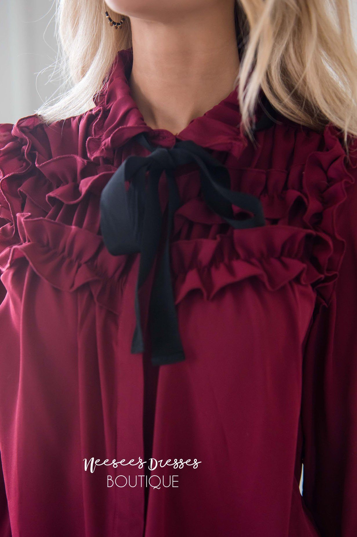Button Down Ruffle Yoke Tie Detail Blouse Tops vendor-unknown 