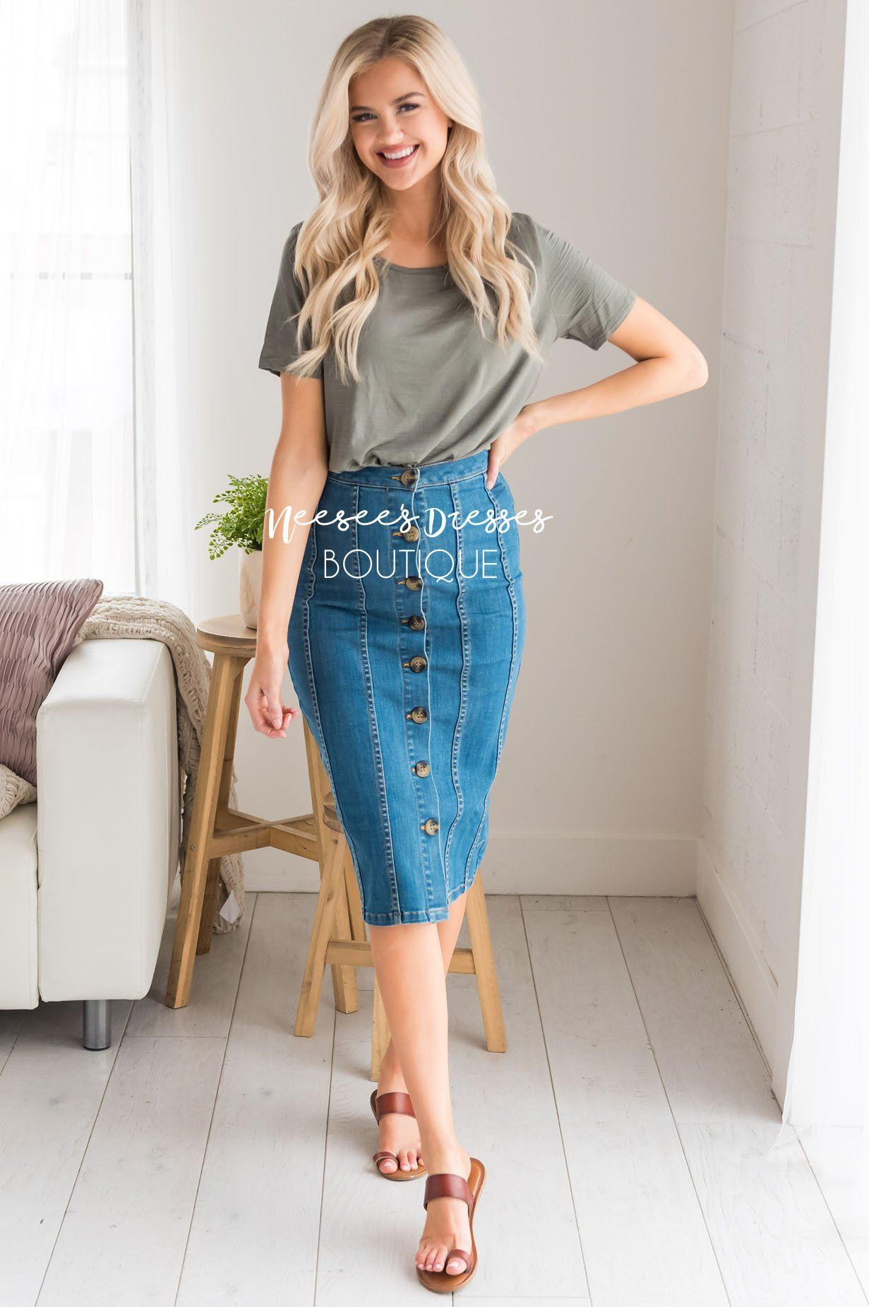 Button Front Modest Denim Skirt Skirts vendor-unknown 