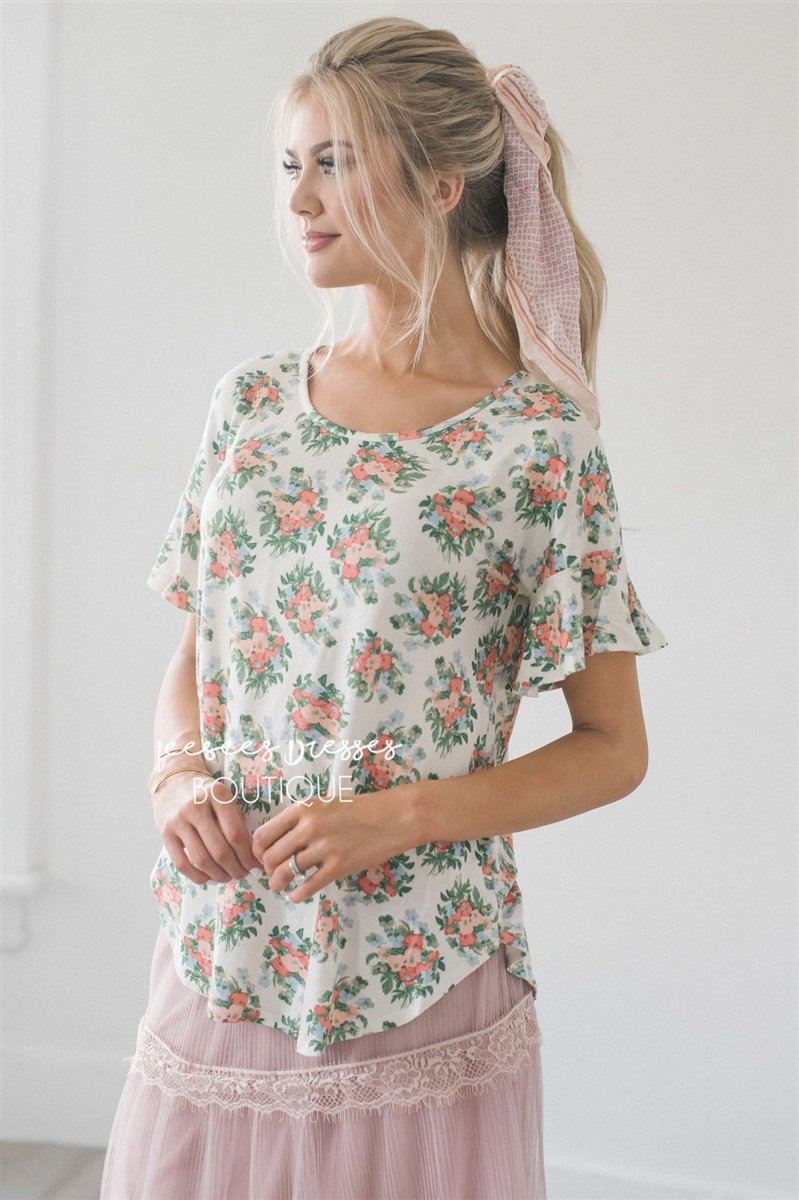 Over Sized Ruffle Sleeve Top Tops vendor-unknown Ivory Mini Floral XS 