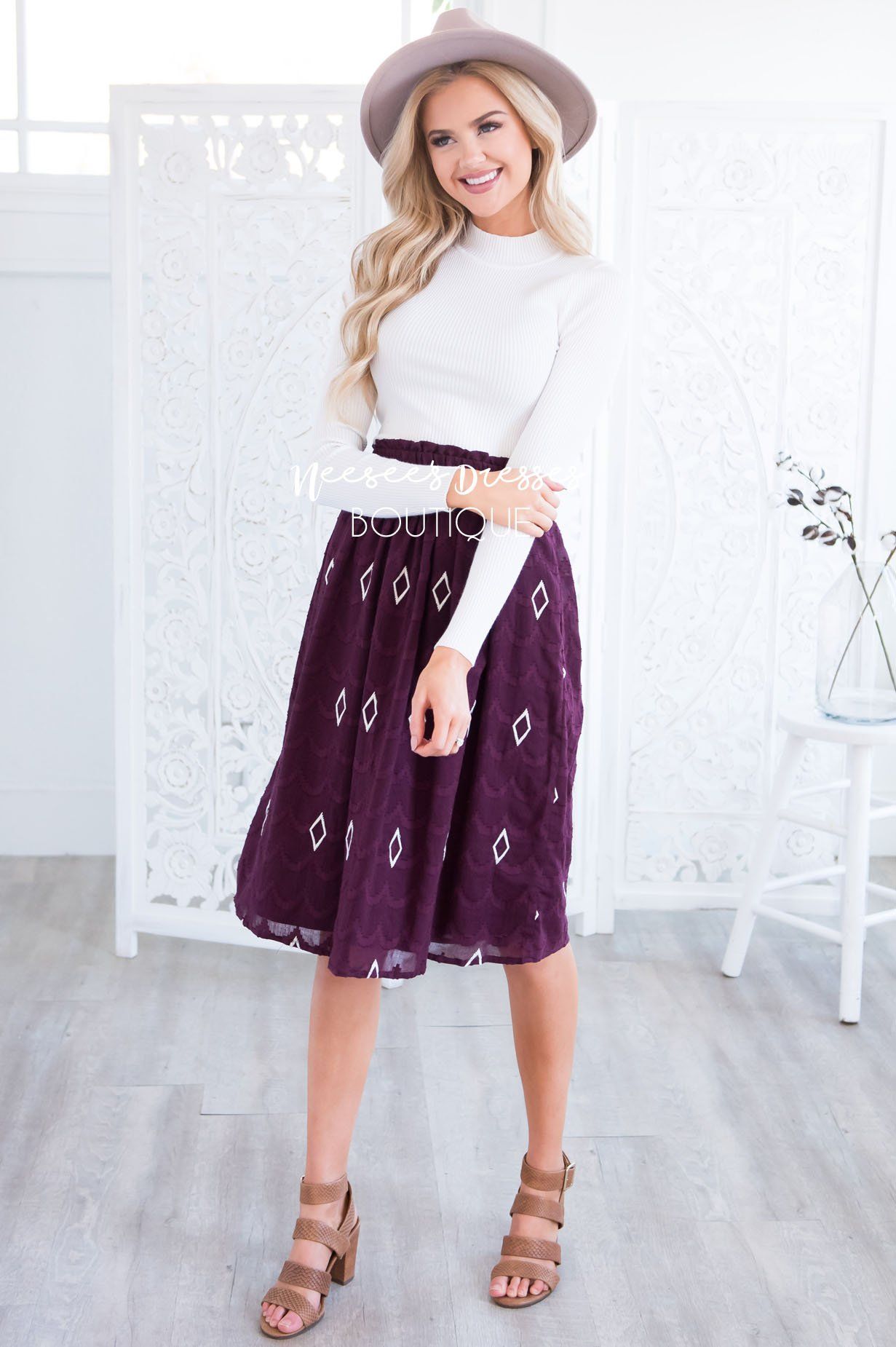 Diamond Print Textured Smocked Waist Skirt Skirts vendor-unknown 
