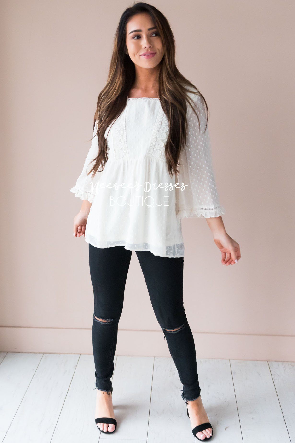 Dotted Crochet Trim Gathered Waist Blouse Tops vendor-unknown 