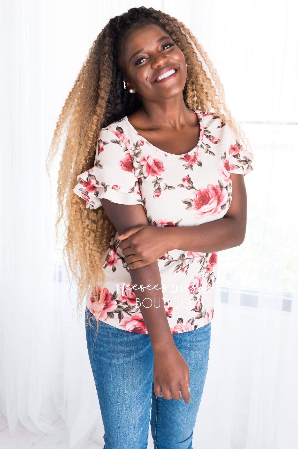 Floral Double Ruffle Sleeve Top Tops vendor-unknown 