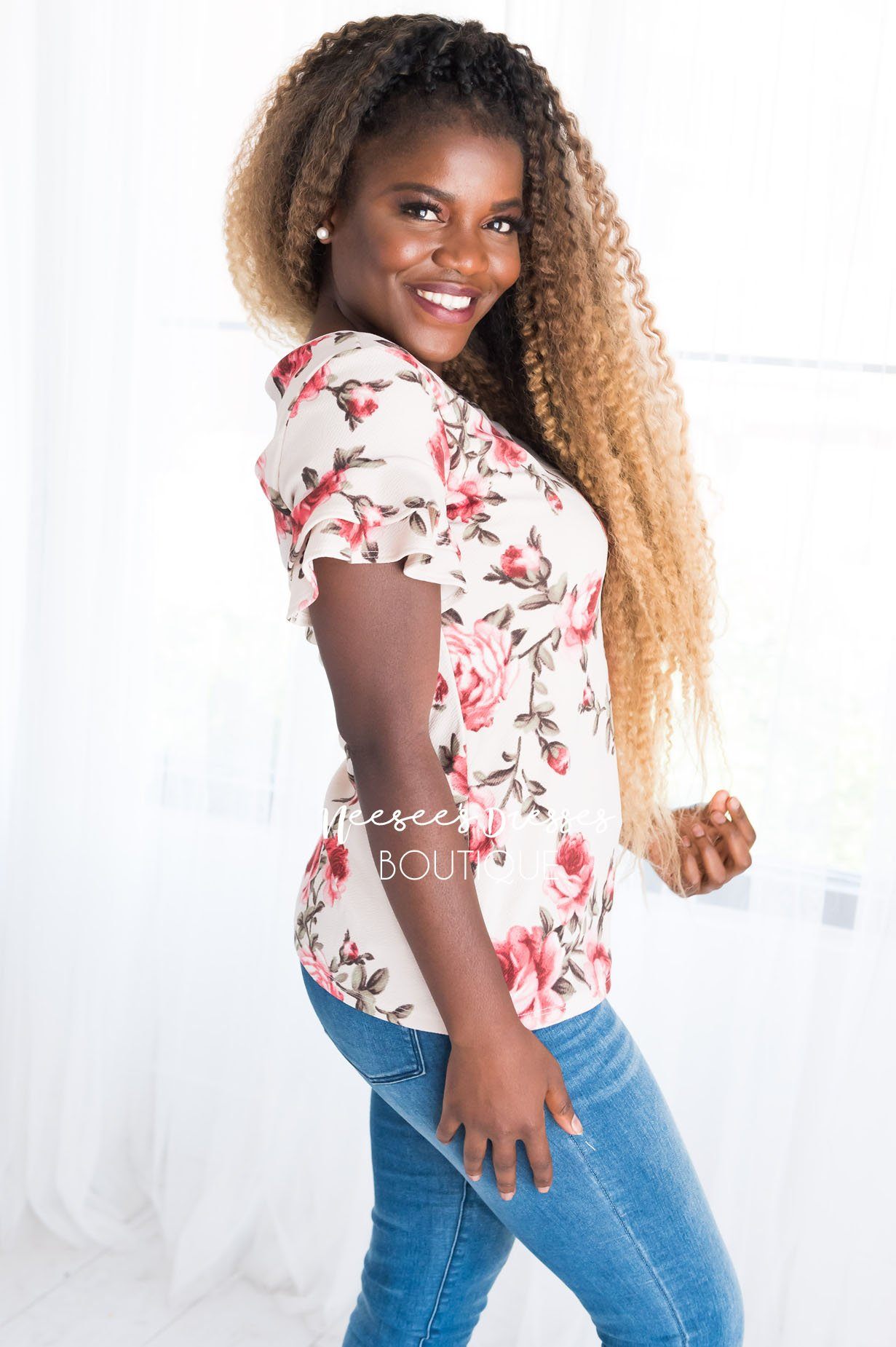 Floral Double Ruffle Sleeve Top Tops vendor-unknown 