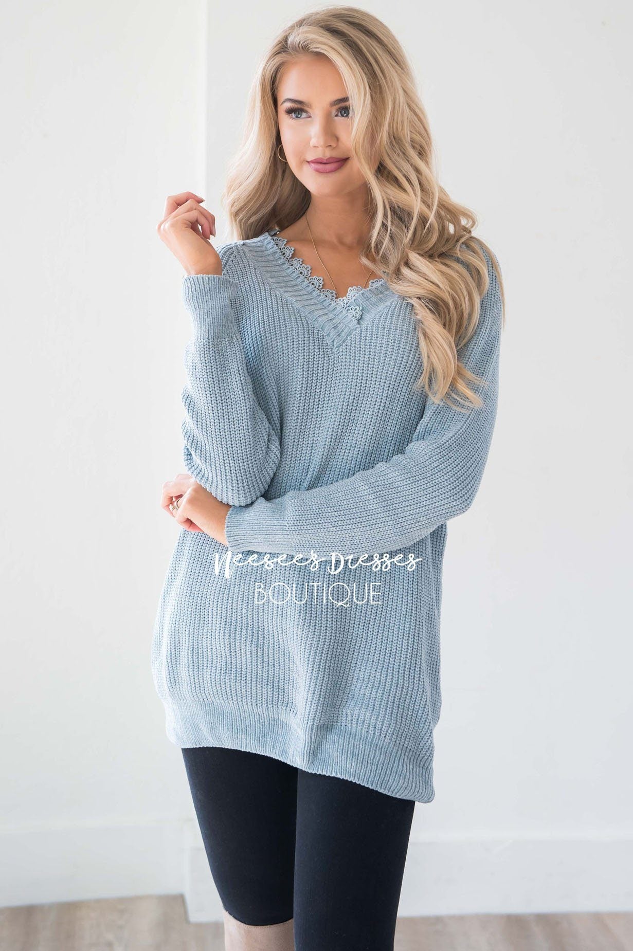 Chenille Knit V-Neck Lace Trim Sweater Tops vendor-unknown 