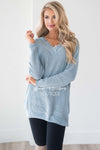 Chenille Knit V-Neck Lace Trim Sweater Tops vendor-unknown