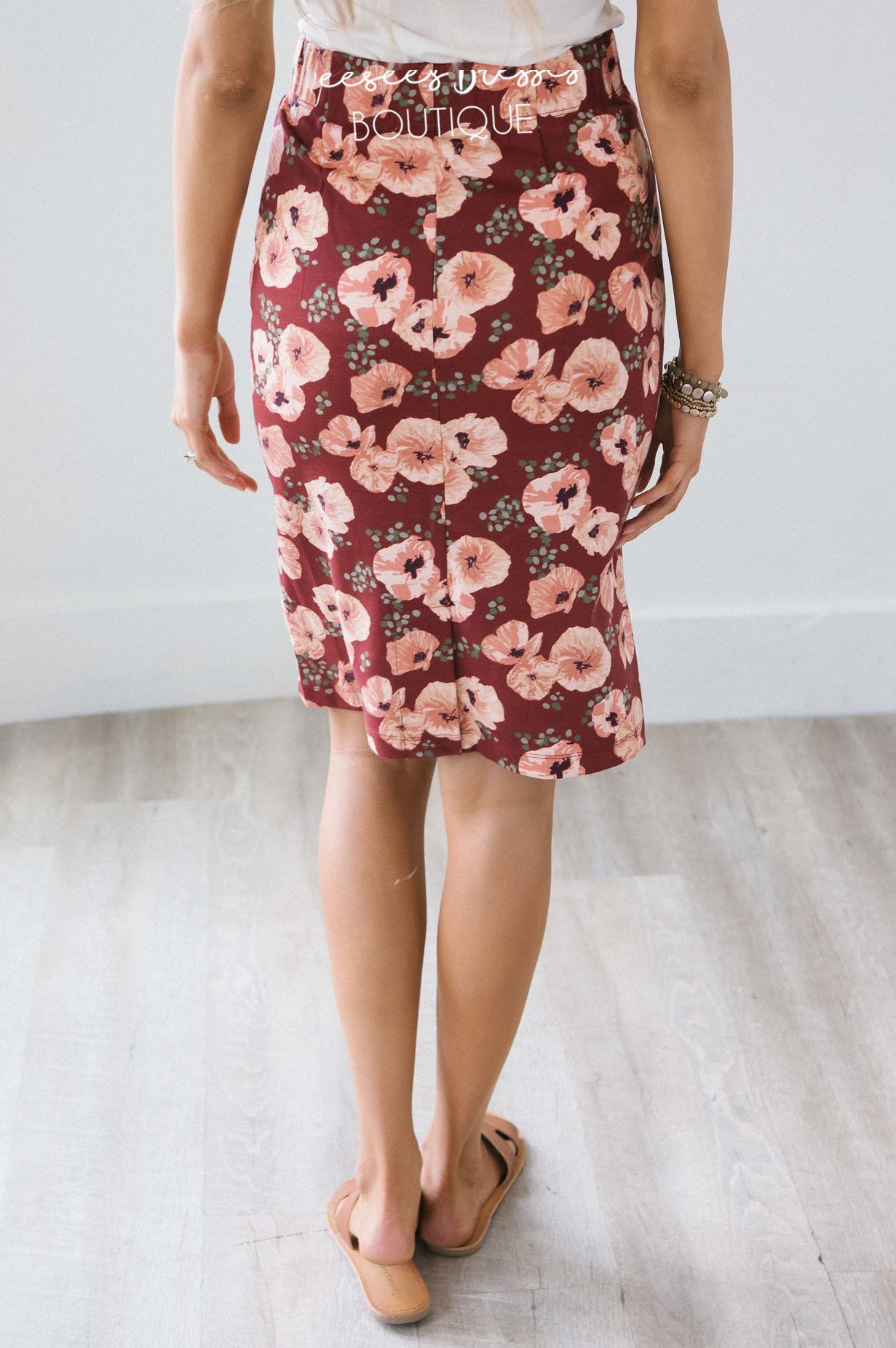 Dusty Burgundy Floral Pencil Skirt Skirts vendor-unknown 