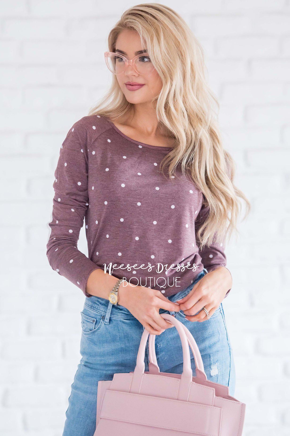 Polka Dot Elbow Patch Shirred Side Top Tops vendor-unknown 