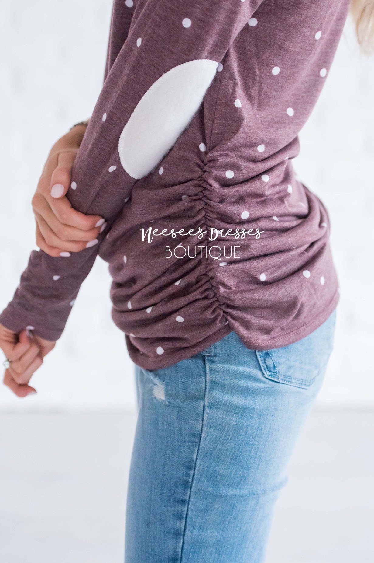 Polka Dot Elbow Patch Shirred Side Top Tops vendor-unknown 