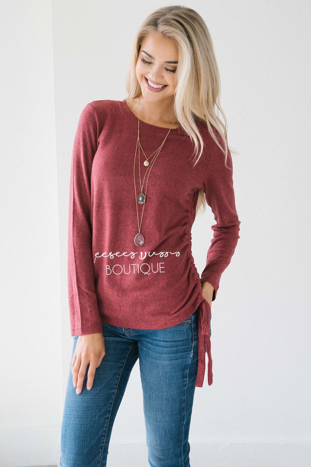 Shirred Side Tie Sweater Tops vendor-unknown 