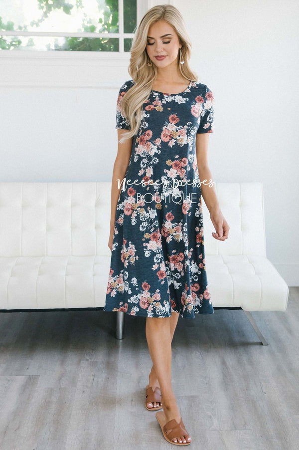 Dusty Navy Floral Swing Modest Dress | Best Online Modest Boutique for ...