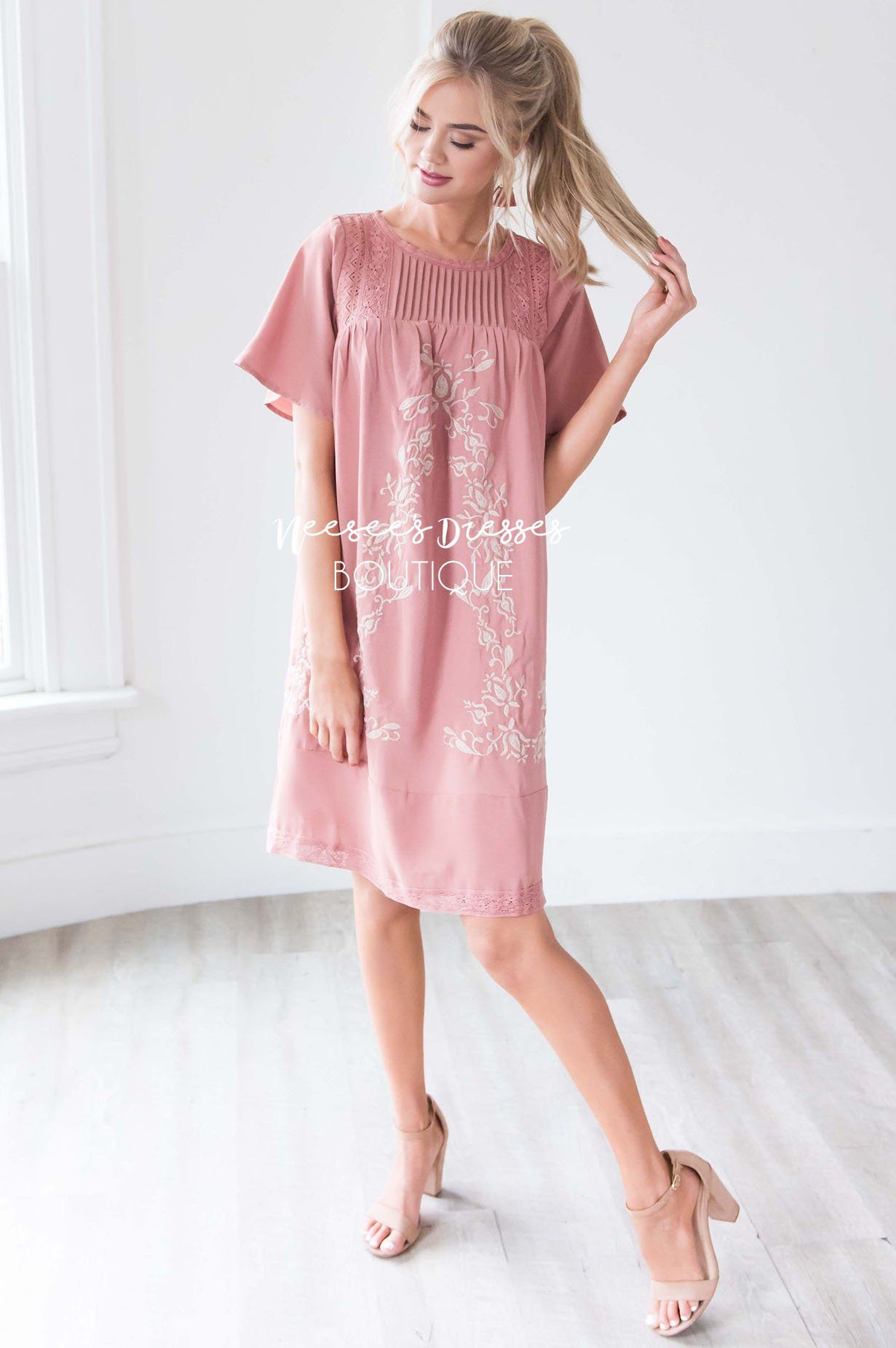 The Paige Embroidered Shift Dress Modest Dresses vendor-unknown 