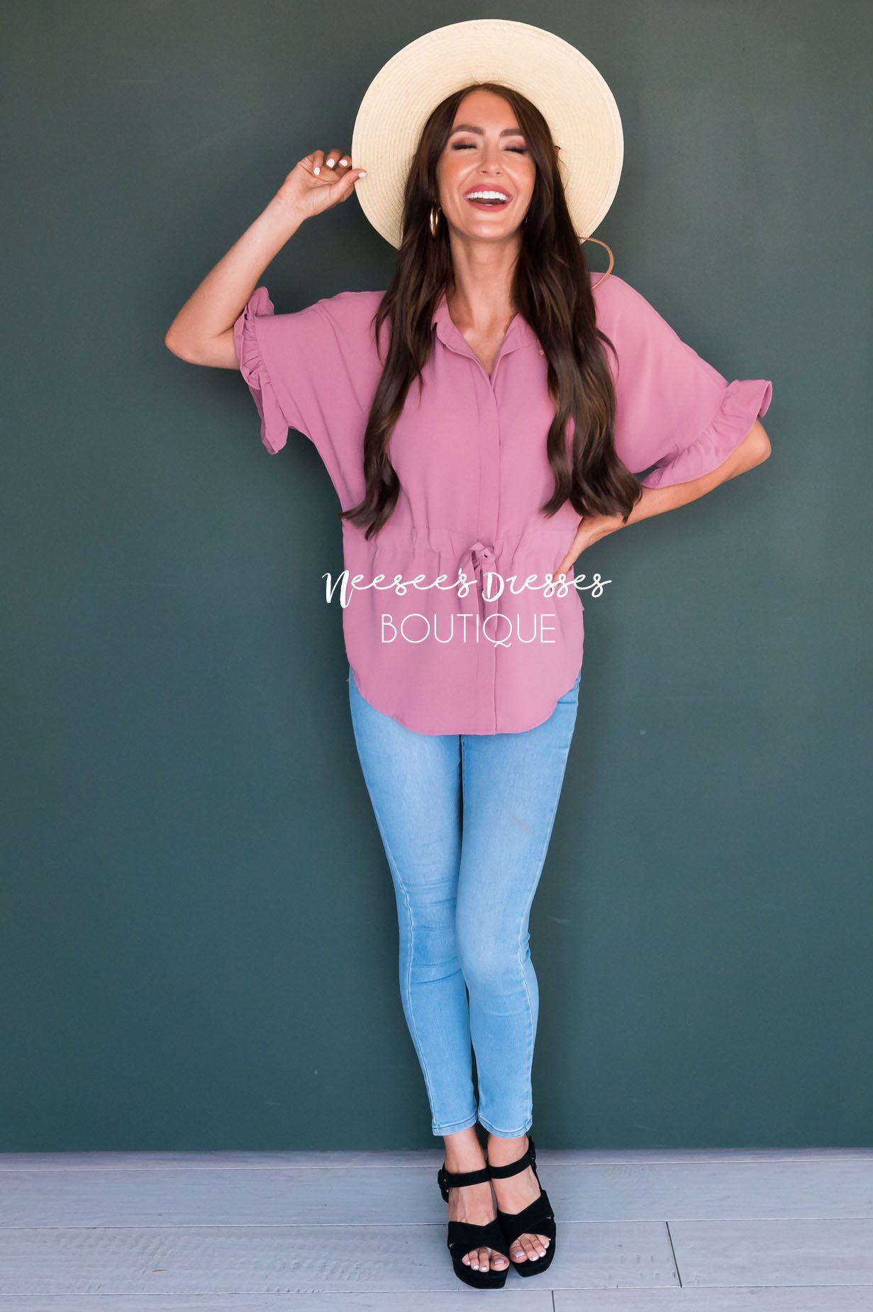 Button Up Cinched Waist Blouse Tops vendor-unknown 