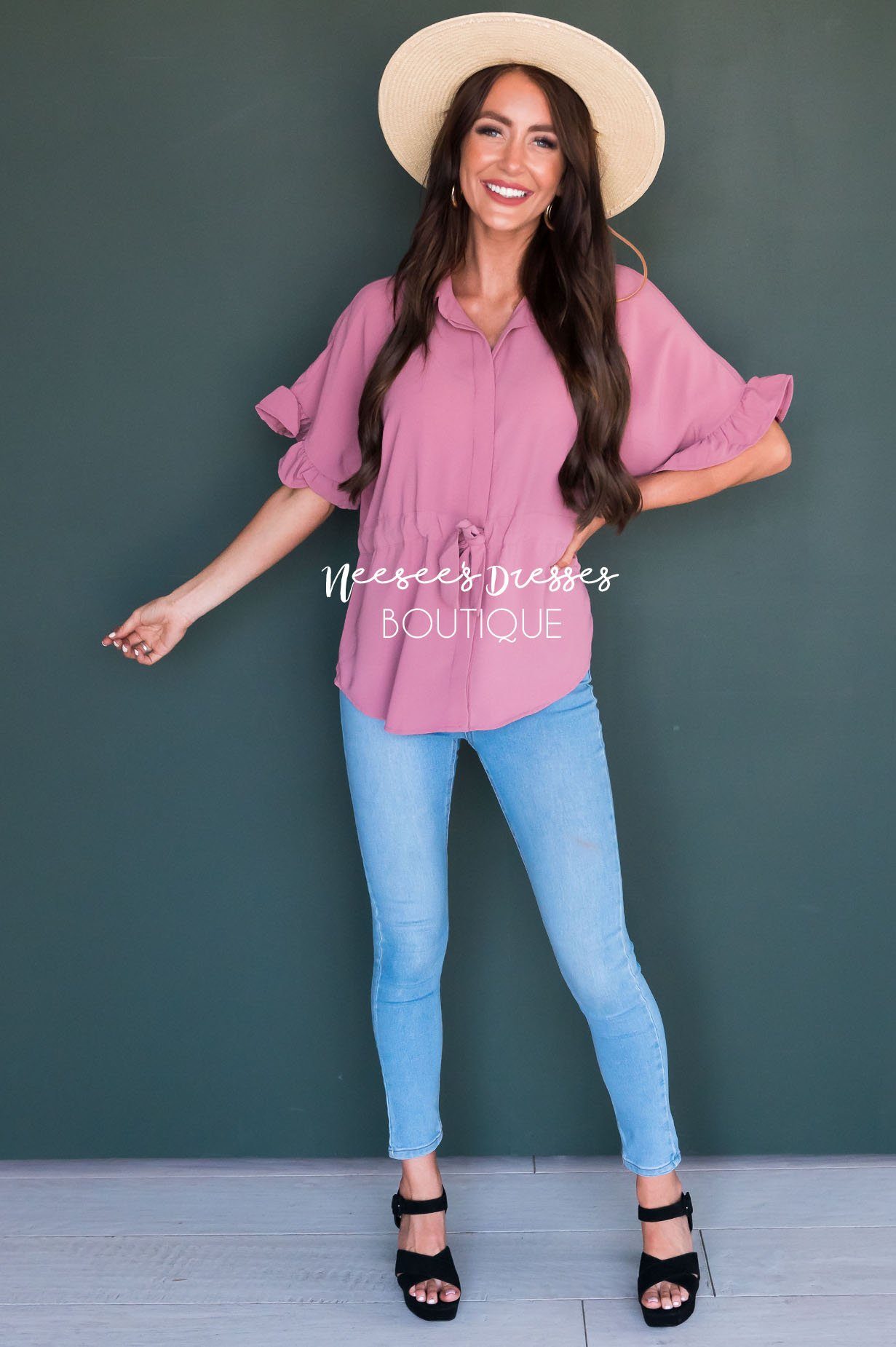 Button Up Cinched Waist Blouse Tops vendor-unknown 