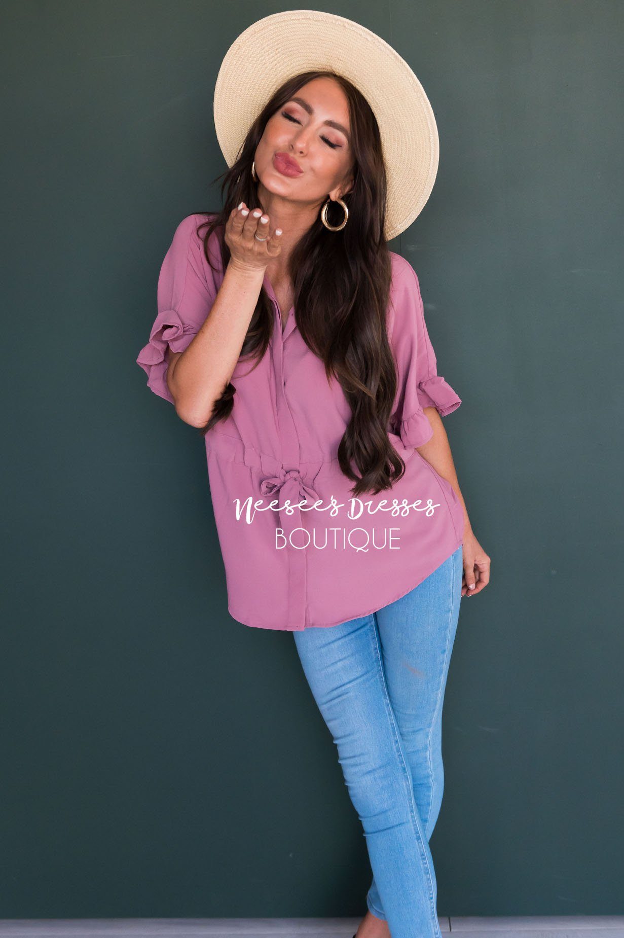 Button Up Cinched Waist Blouse Tops vendor-unknown 