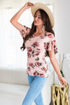 Mauve Floral Modest Ruffle Sleeve Top Tops vendor-unknown