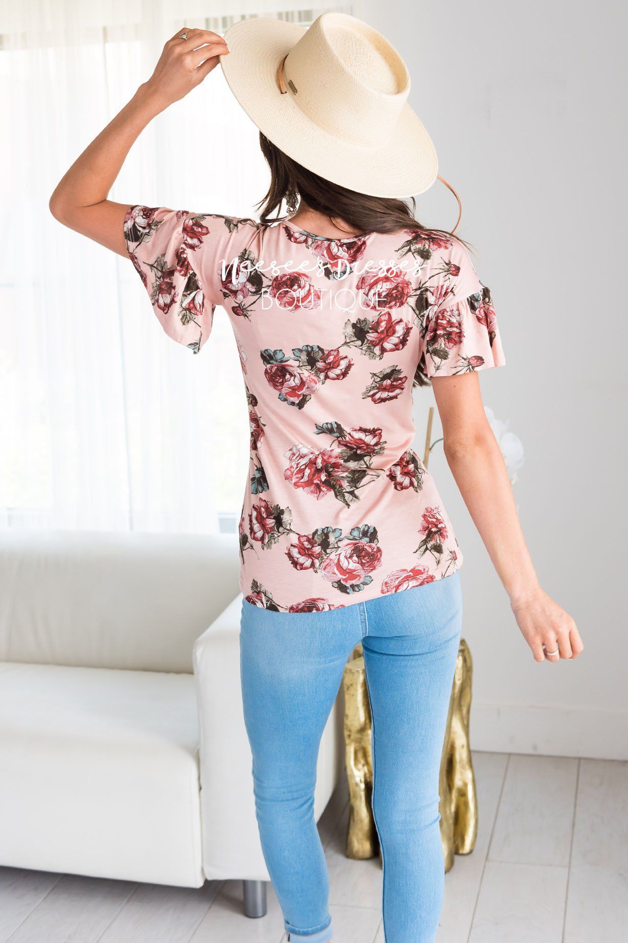 Mauve Floral Modest Ruffle Sleeve Top Tops vendor-unknown 