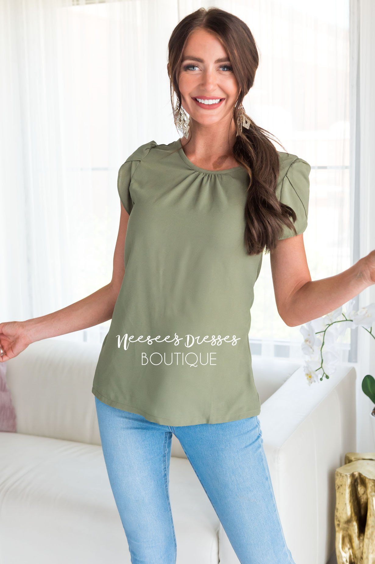 Dusty Sage Chiffon Tulip Sleeve Top Tops vendor-unknown 