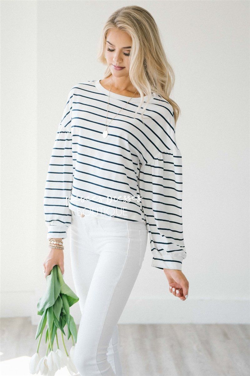 Striped Bubble Sleeve Top Tops vendor-unknown 