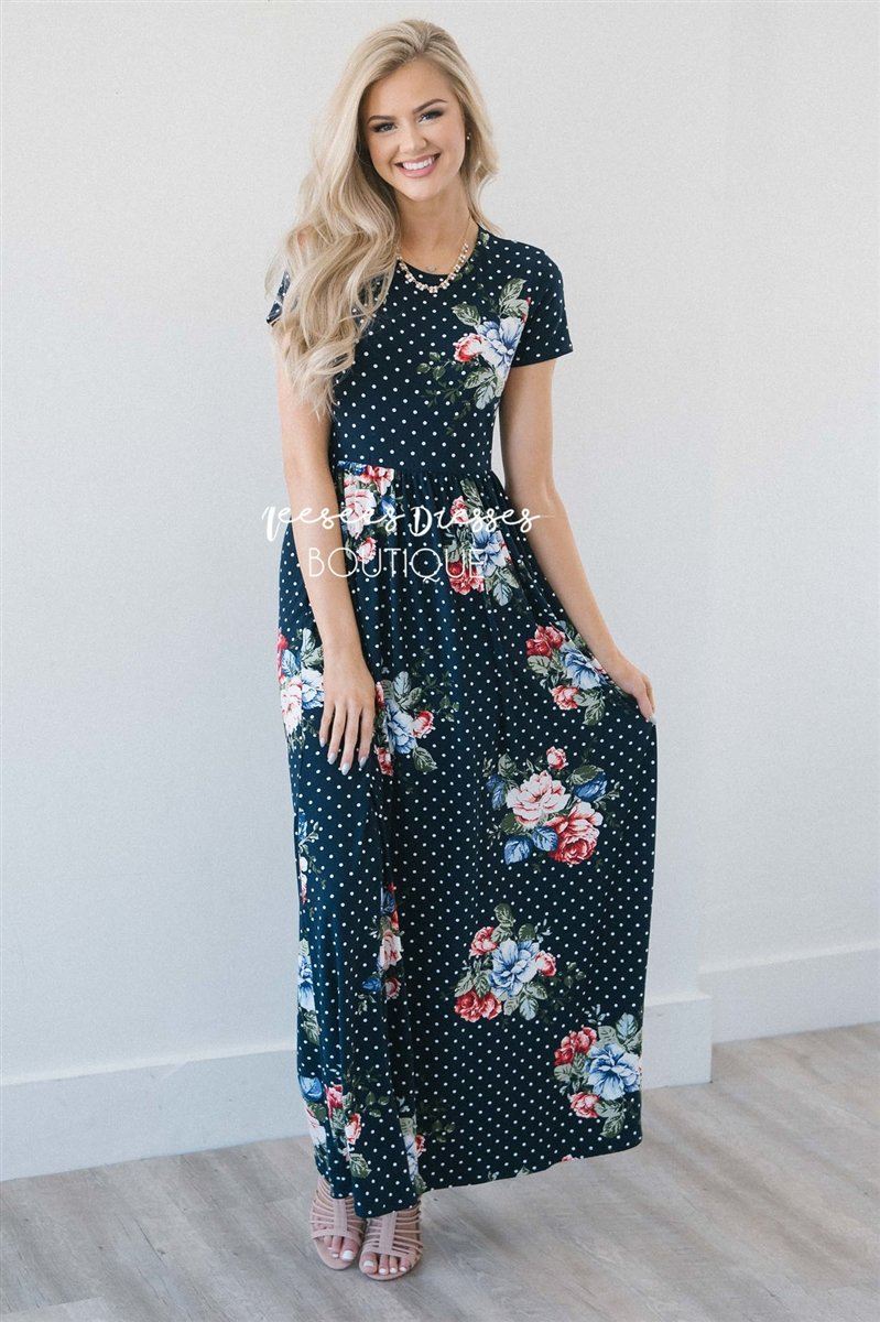 The Sierra Modest Dresses vendor-unknown Navy Polka Dot & Floral S 