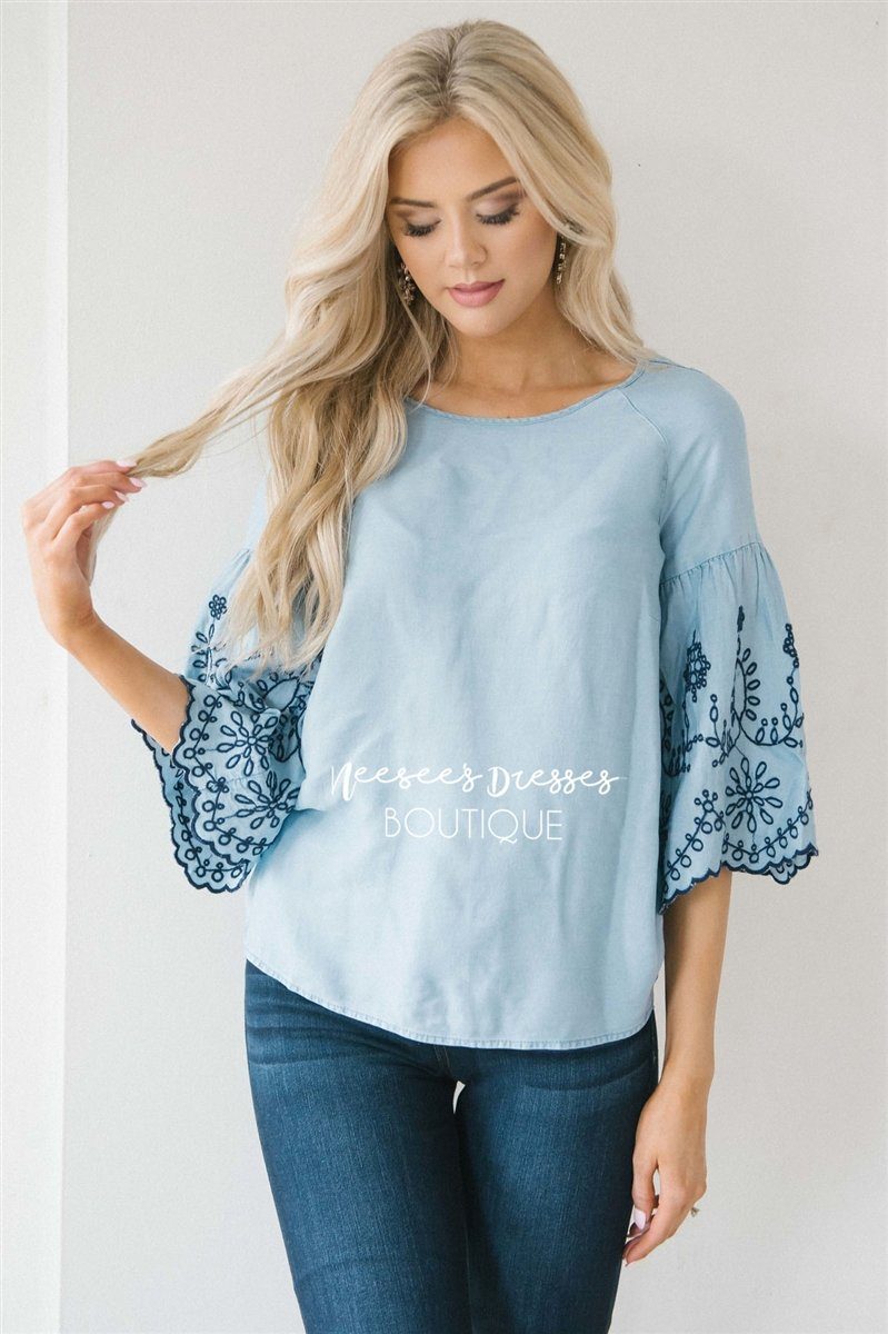 Embroidered Chambray Bell Sleeve Top Tops vendor-unknown 