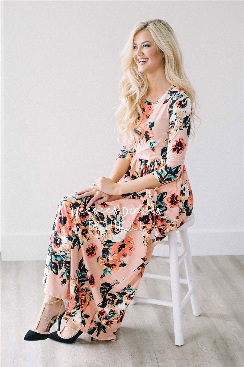 Peach Watercolor Floral Maxi Dress Modest Dresses vendor-unknown 