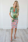 Summer Coral Floral Pencil Skirt Skirts vendor-unknown Bright Blue & Coral Floral XS
