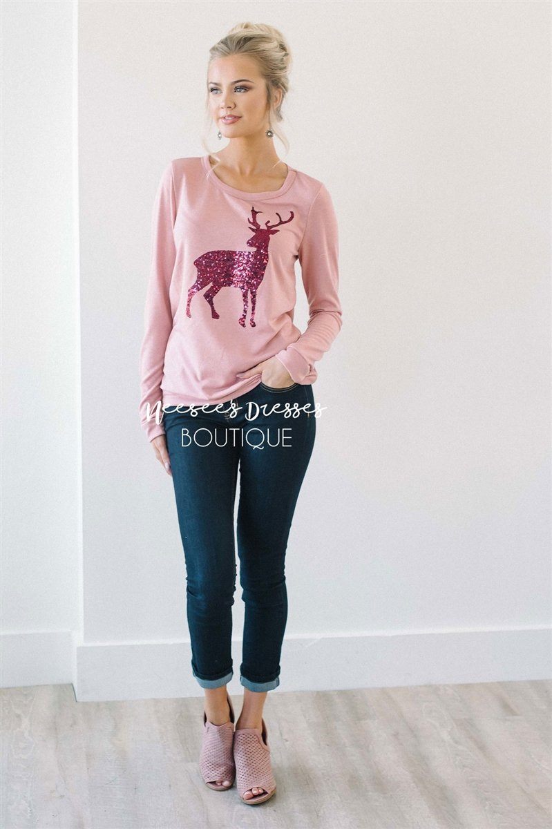 Pink Sequin Reindeer Sweater Tops vendor-unknown 
