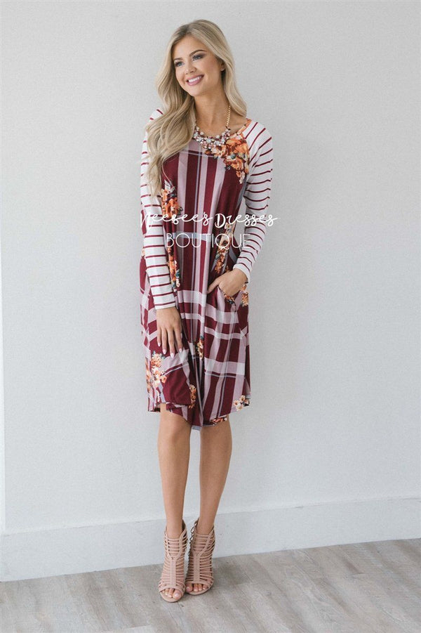 Burgundy Floral Stripe Elbow Patch Modest Dress | Modest Dress for ...