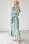 The Augustina Modest Dresses vendor-unknown S Dusty Teal with Rustic Gold & Soft Gray Floral