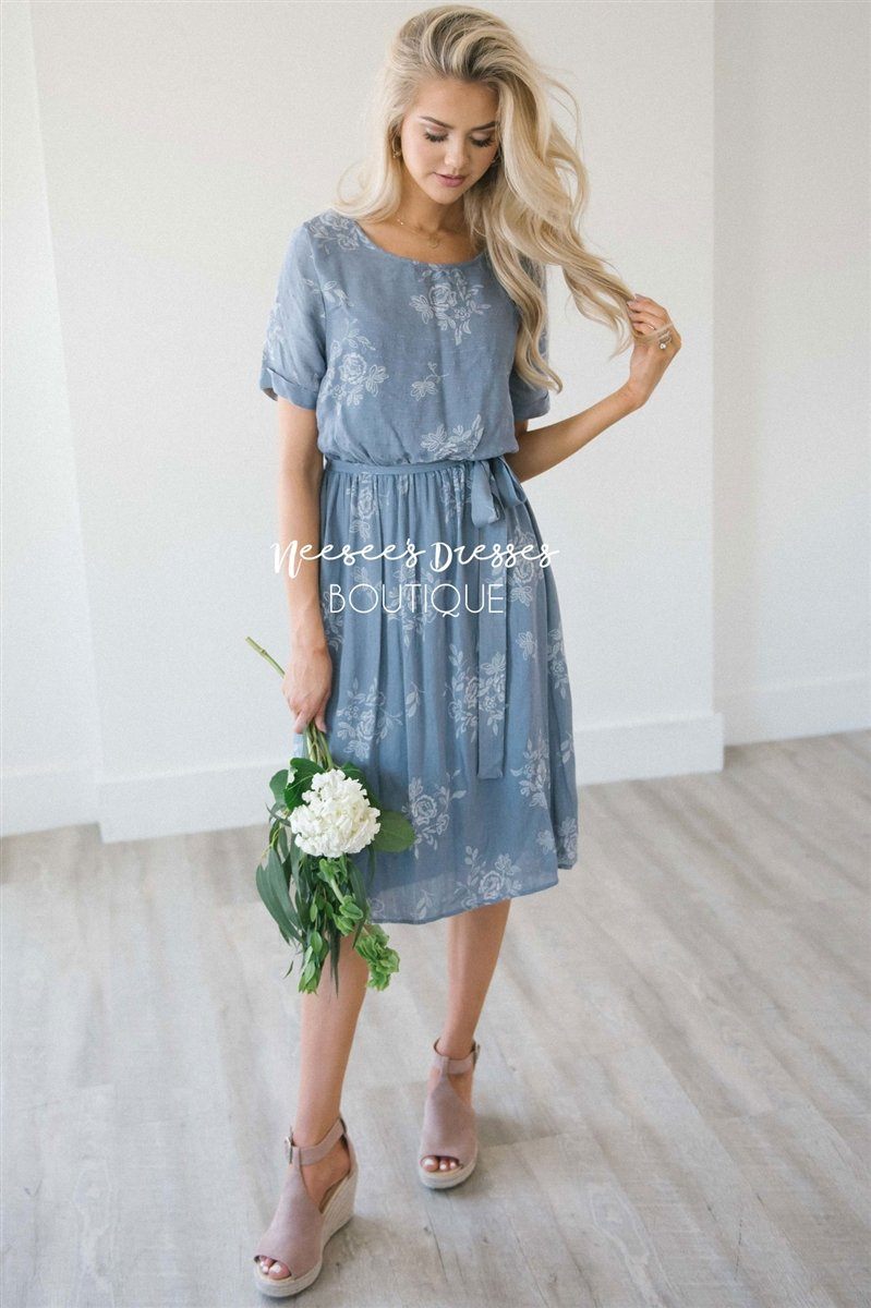 The Miriam Modest Dresses vendor-unknown S Slate Blue & Faded White Floral 