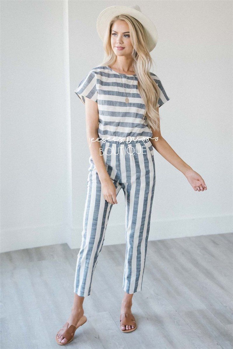 The Shelby Striped Jumpsuit Modest Dresses vendor-unknown S Dusty Navy & Cream Stripes 