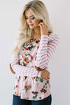 Pink Stripes & Floral Elbow Patch Top Tops vendor-unknown Pink Floral S