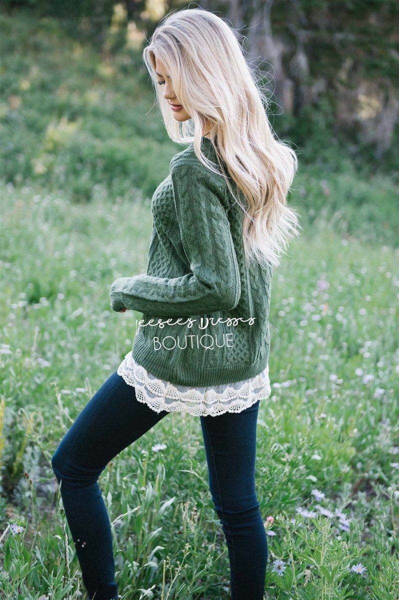 Scallop Lace Hem Cable Knit Sweater Tops vendor-unknown 
