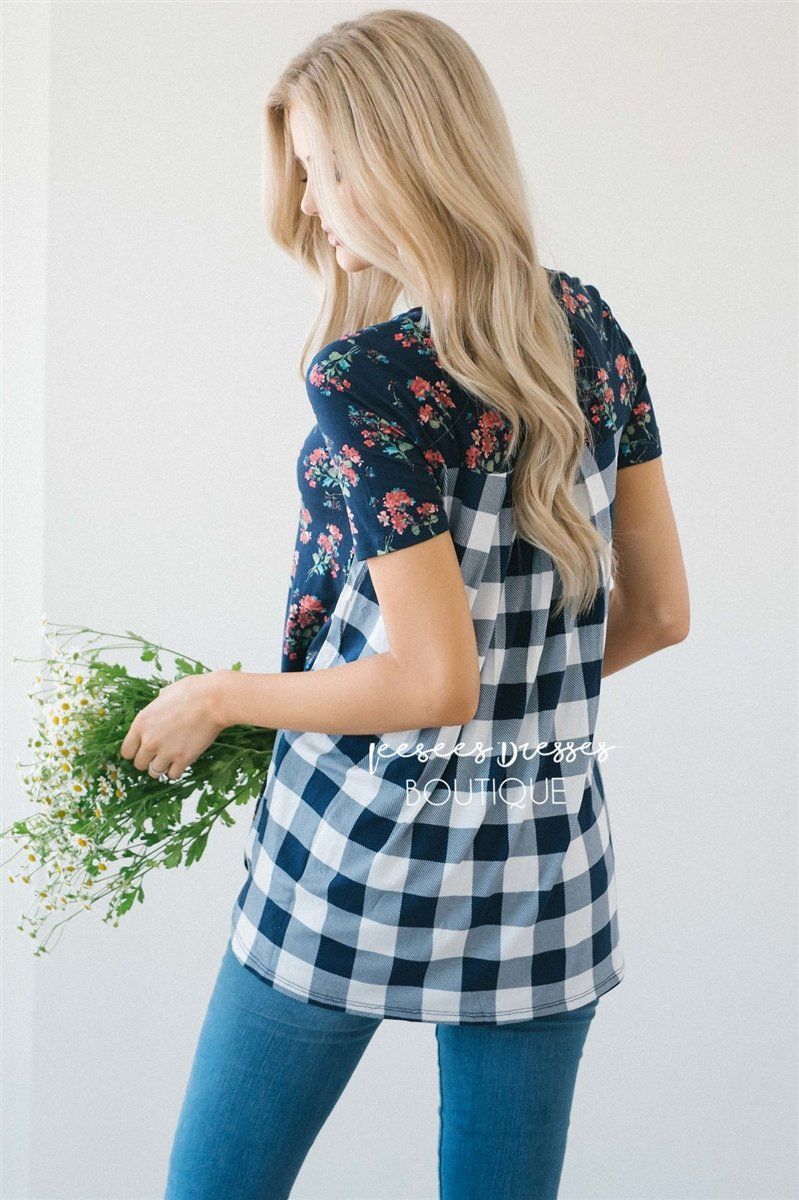Floral Front Plaid Back Top Tops vendor-unknown 