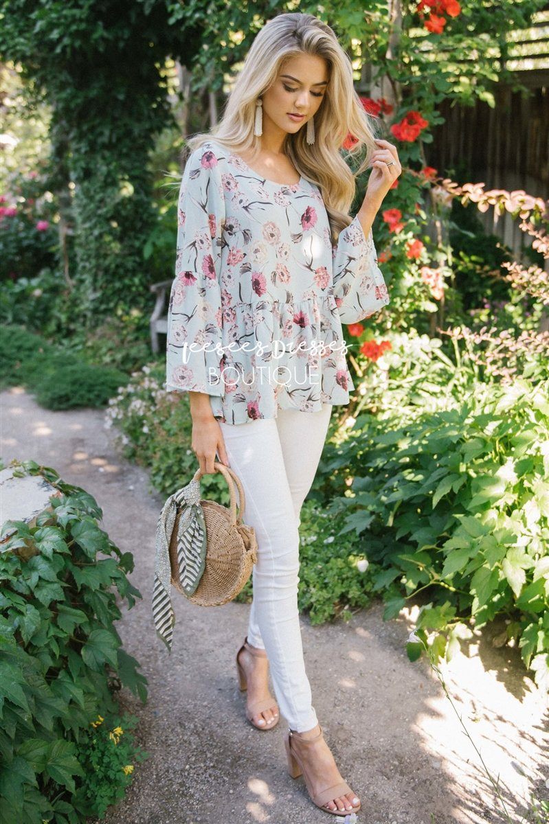 Chiffon Floral Peplum Bell Sleeve Top Tops vendor-unknown 