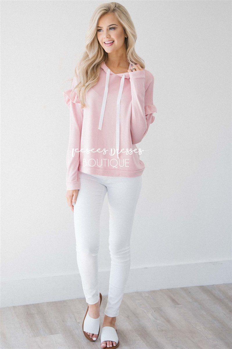 Ruffle Detail Long Sleeve Hoodie Tops vendor-unknown 